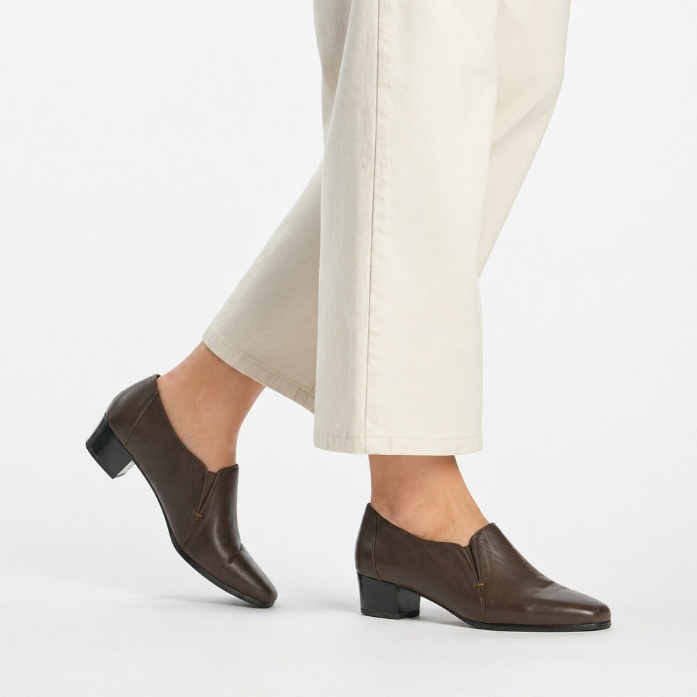 David Tate Leather Low Top Loafers Women's Size 8.5N Brown Square Toe Block Heel